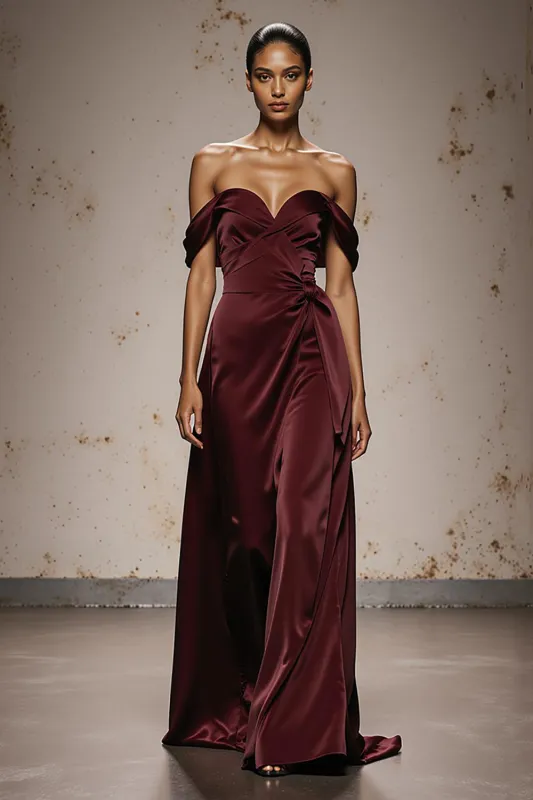Burgundy Satin Off the Shoulder A Line Long Formal Dress sold by Zapaka