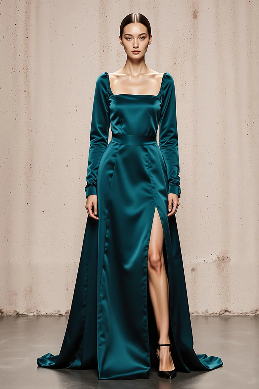 Peacock Blue A Line Square Neck Long Formal Dress with Slit sold by Zapaka