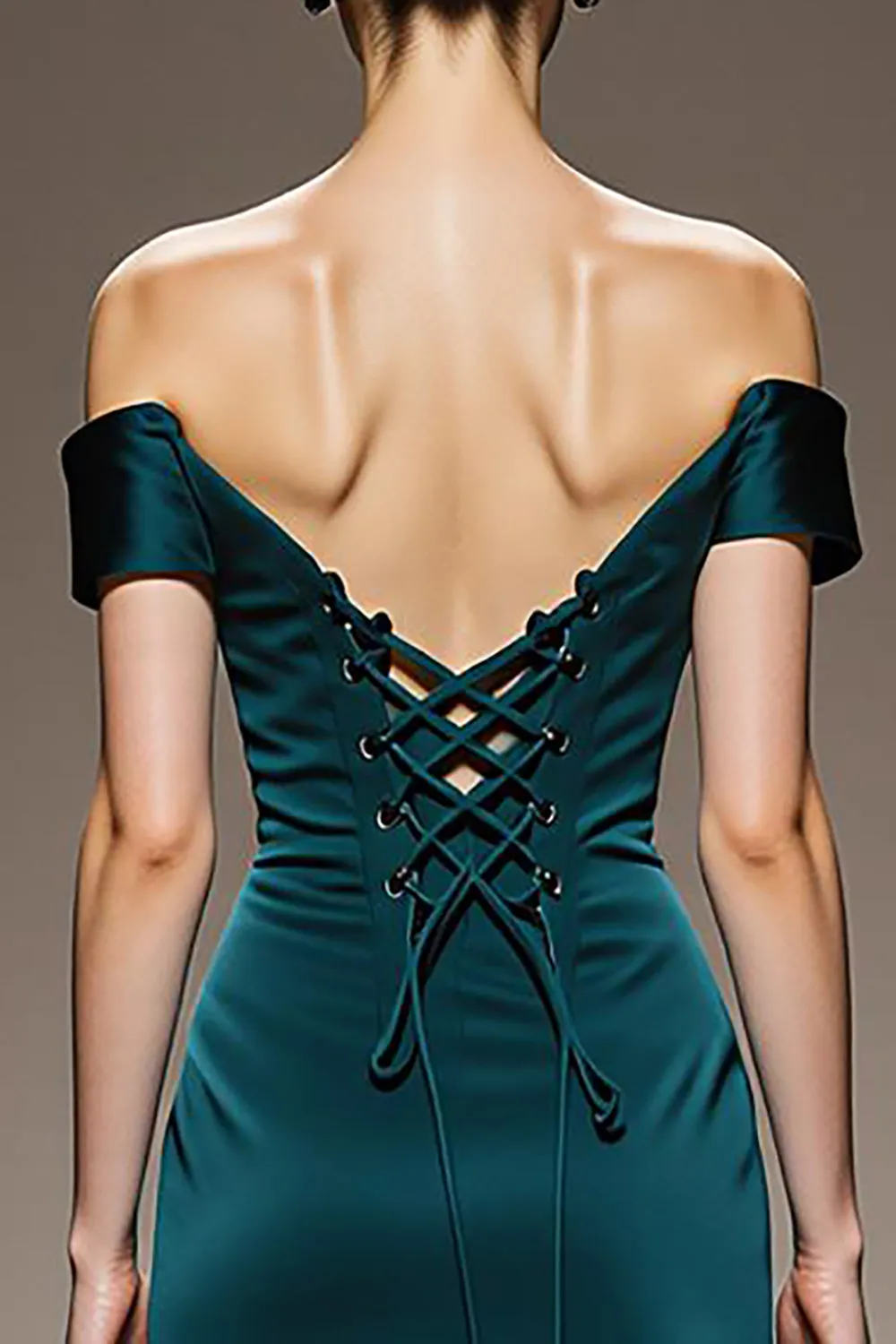 Peacock Blue Sheath Satin Off the Shoulder Long Formal Dress sold by Zapaka product image thumbnail 4