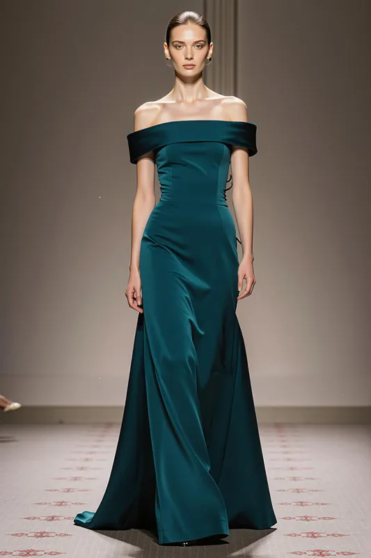 Peacock Blue Sheath Satin Off the Shoulder Long Formal Dress sold by Zapaka