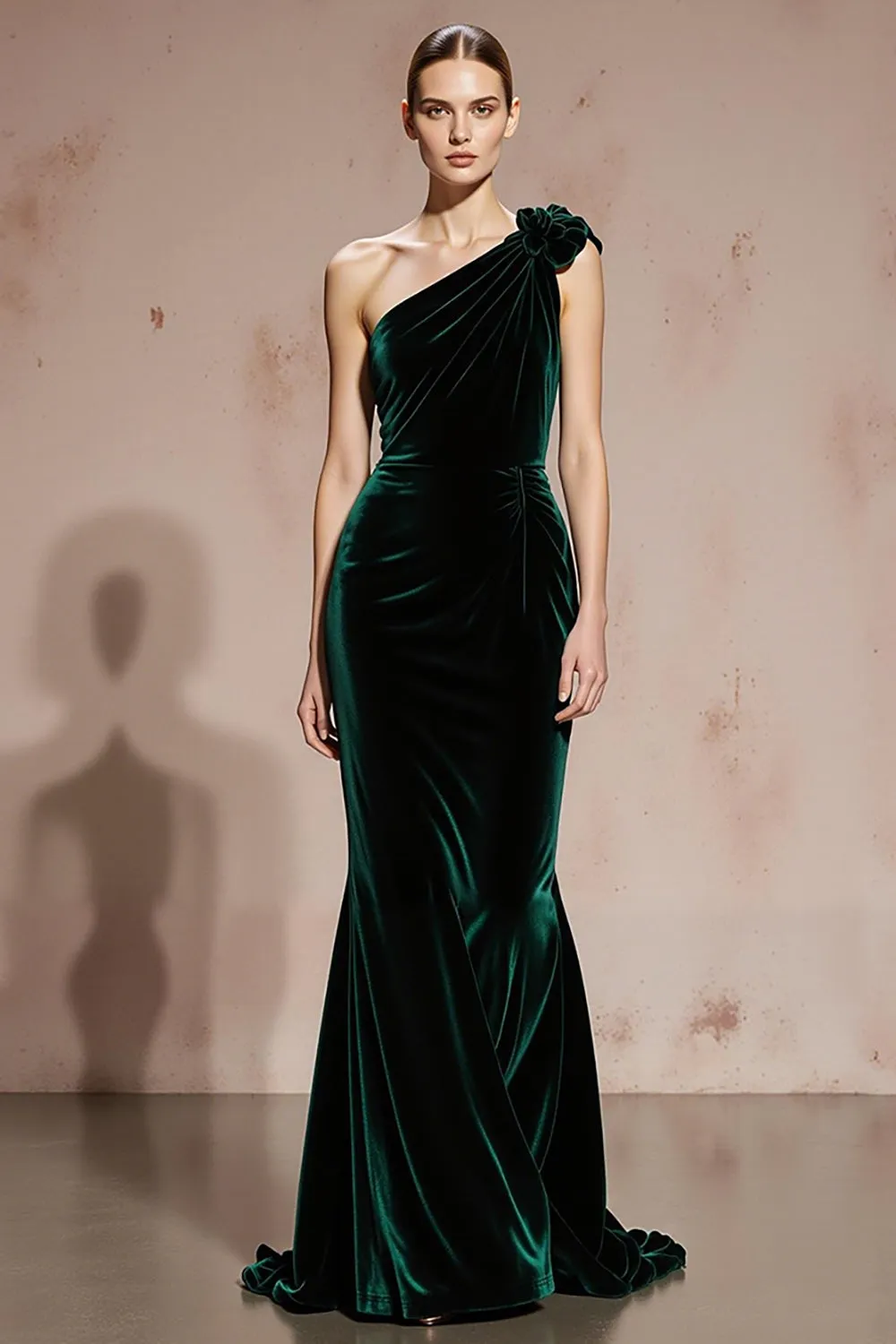 Dark Green One Shoulder Velvet Mermaid Long Formal Dress sold by Zapaka