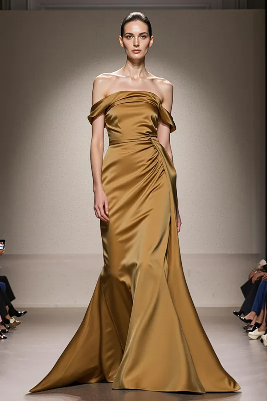 Yellow Mermaid Satin Off the Shoulder Long Formal Dress sold by Zapaka