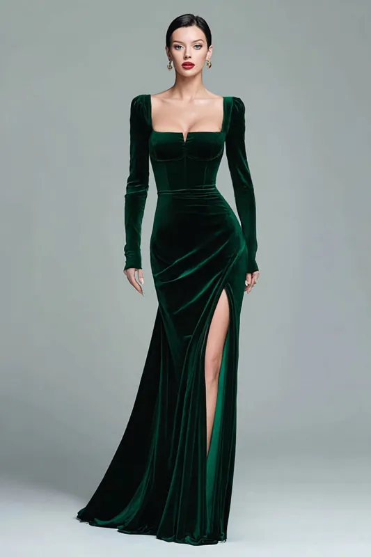 Dark Green Mermaid Square Neck Velvet Formal Dress with Long Sleeves sold by Zapaka