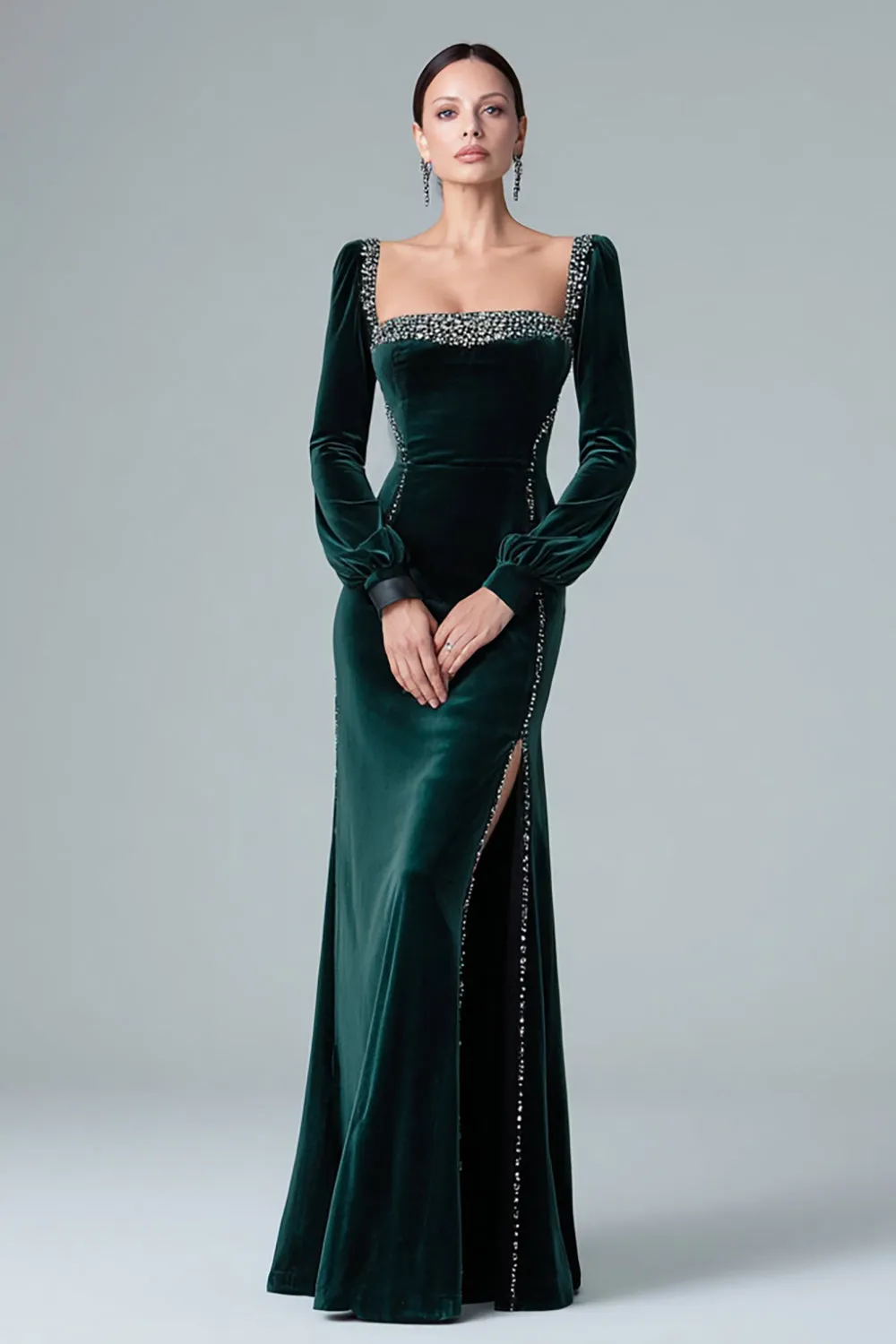 Sparkly Dark Green Mermaid Velvet Long Formal Dress with Slit sold by Zapaka