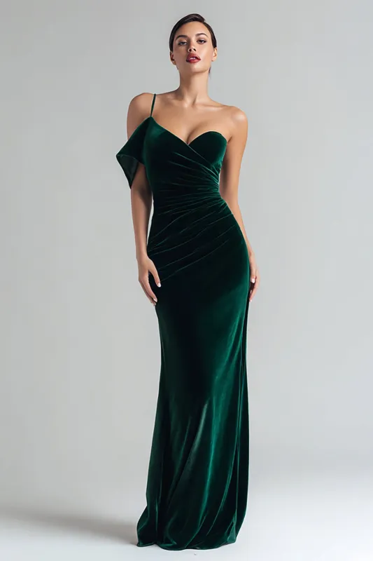 Dark Green Sheath Velvet One Shoulder Long Formal Dress sold by Zapaka