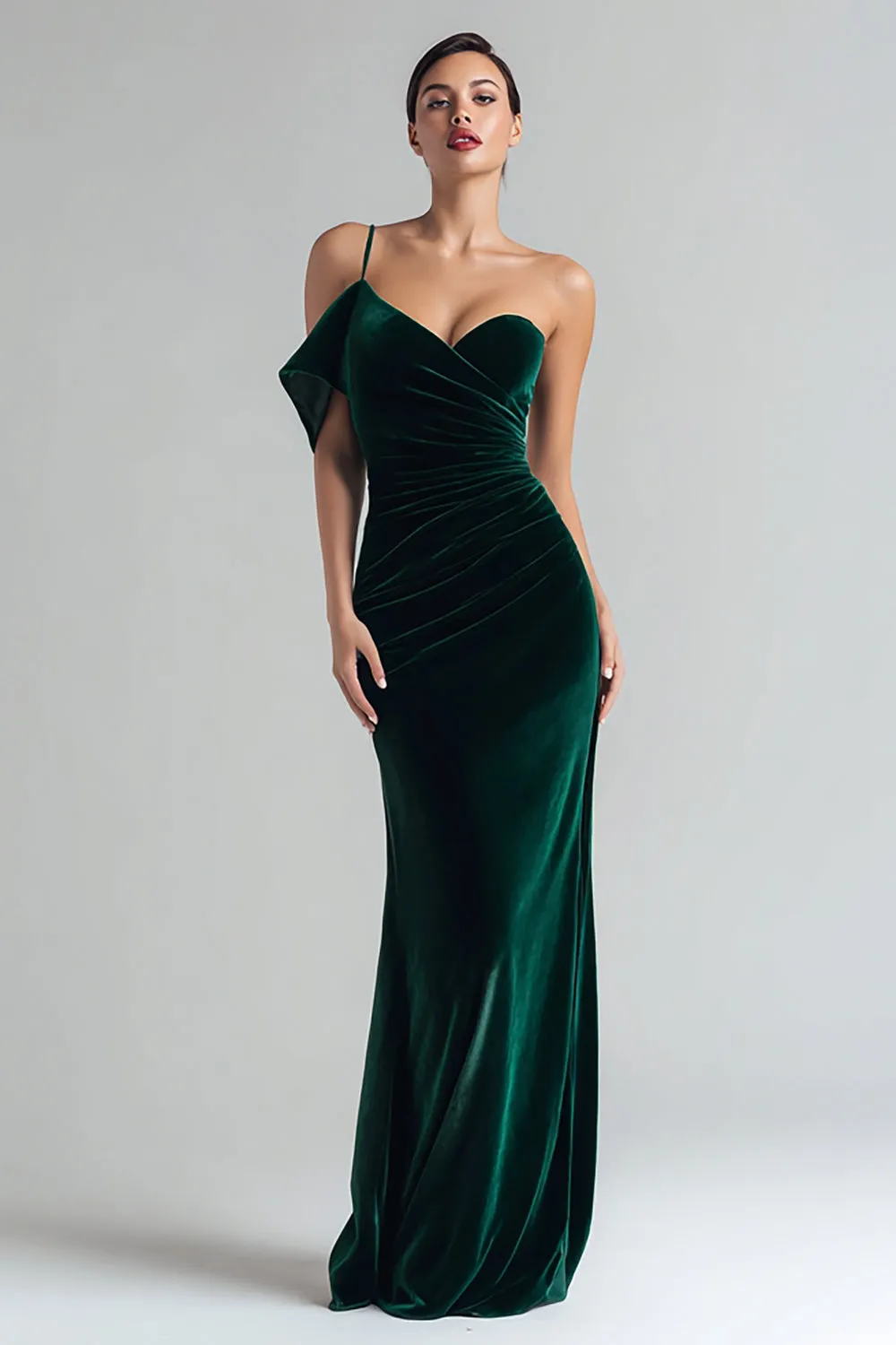 Dark Green Sheath Velvet One Shoulder Long Formal Dress sold by Zapaka