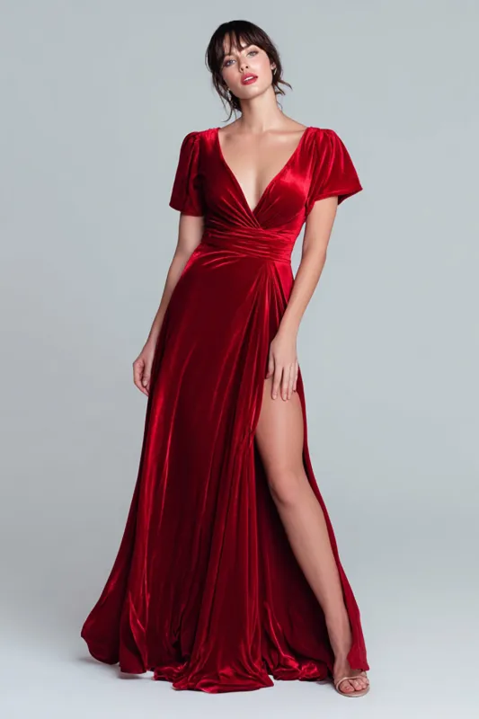 Red V-Neck Velvet A Line Long Formal Dress sold by Zapaka
