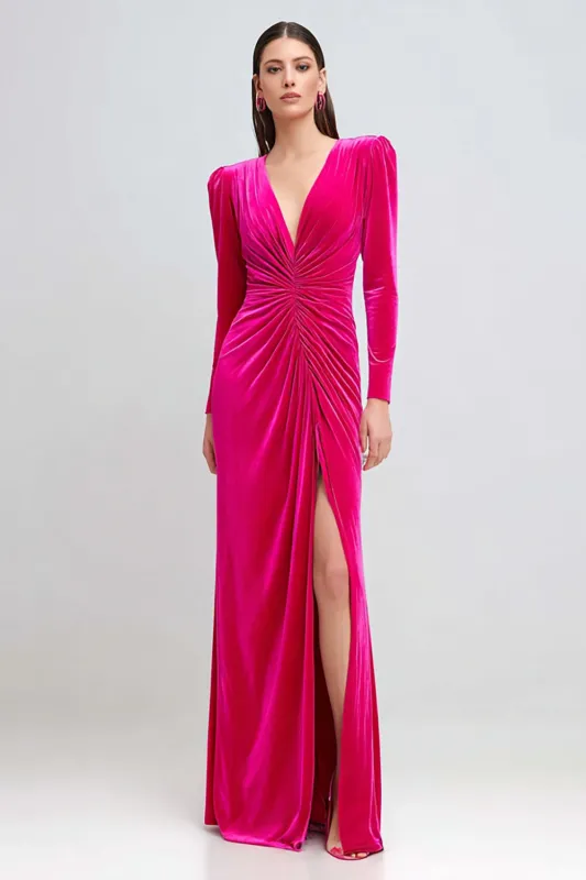 Fuchsia Velvet Sheath Ruched Long Formal Dress with Slit sold by Zapaka