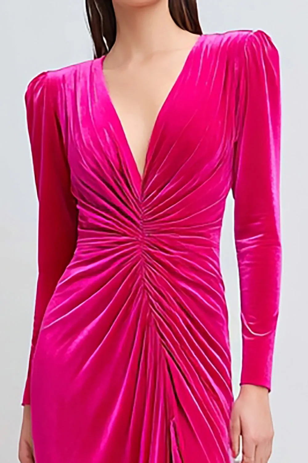Fuchsia Velvet Sheath Ruched Long Formal Dress with Slit sold by Zapaka product image thumbnail 2