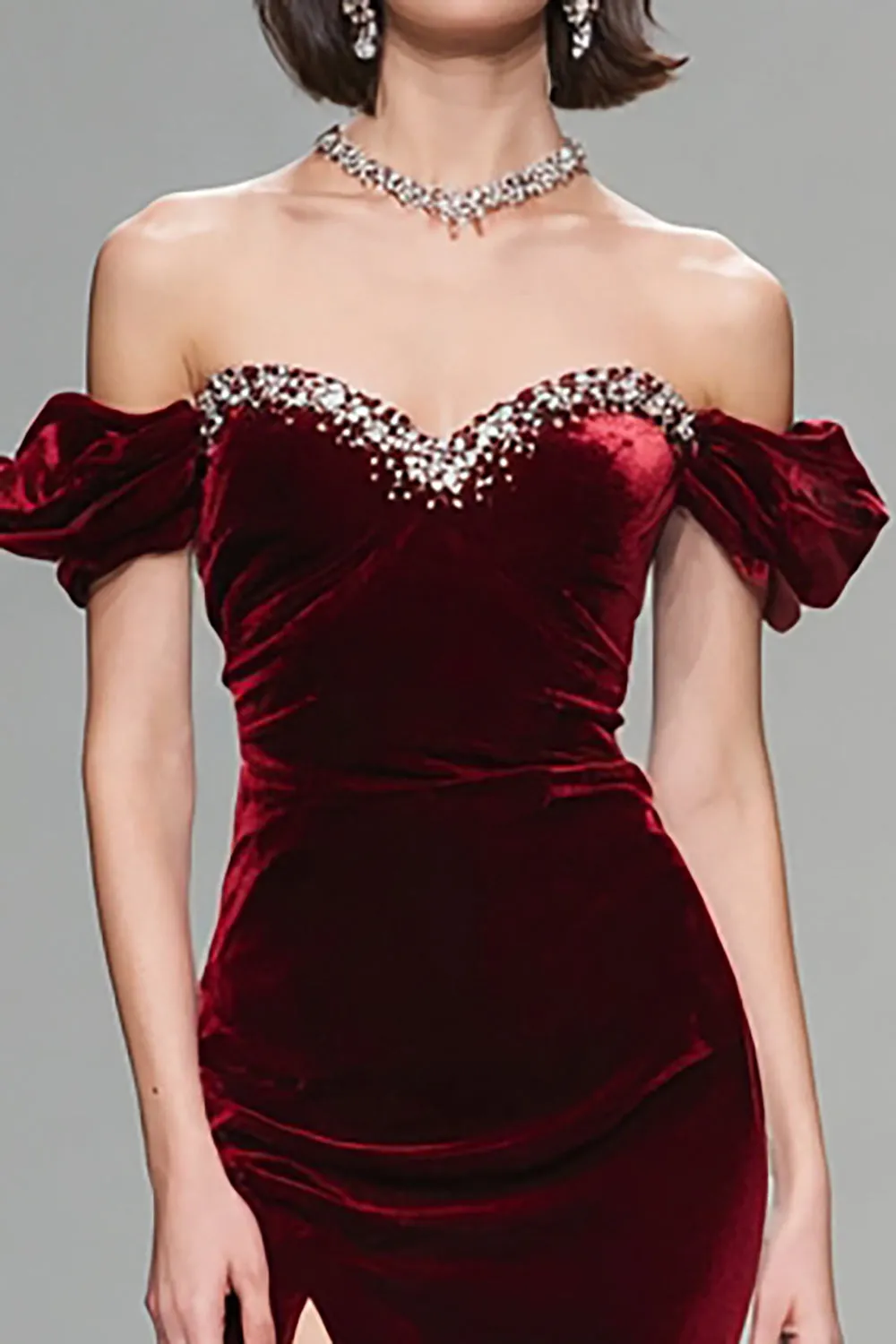 Sparkly Burgundy Velvet Off the Shoulder Long Formal Dress sold by Zapaka product image thumbnail 2