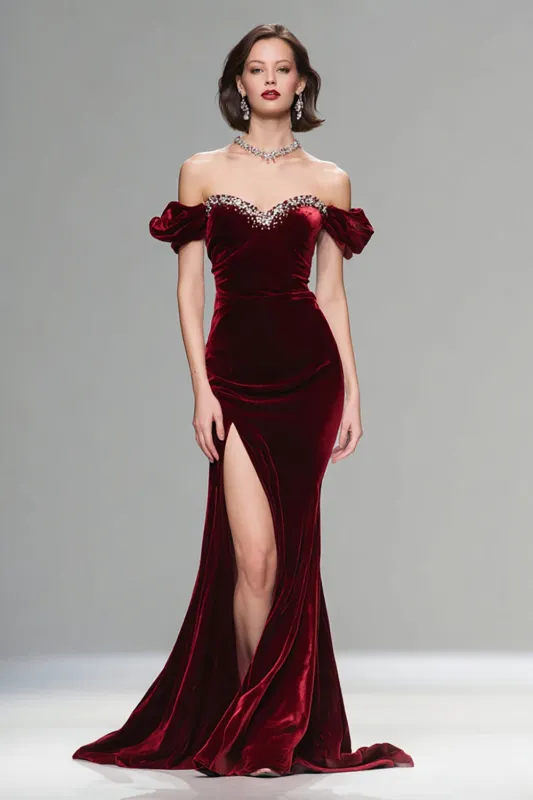 Sparkly Burgundy Velvet Off the Shoulder Long Formal Dress sold by Zapaka