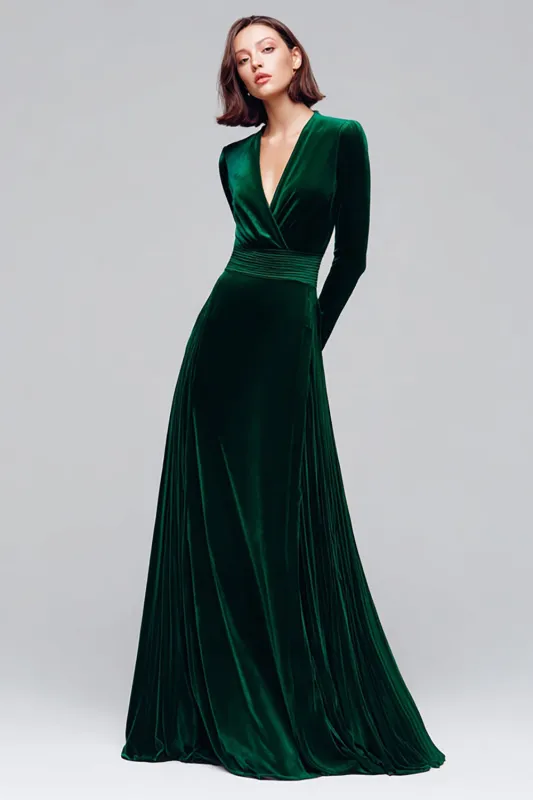 Dark Green A Line Velvet V-Neck Formal Dress with Long Sleeves sold by Zapaka