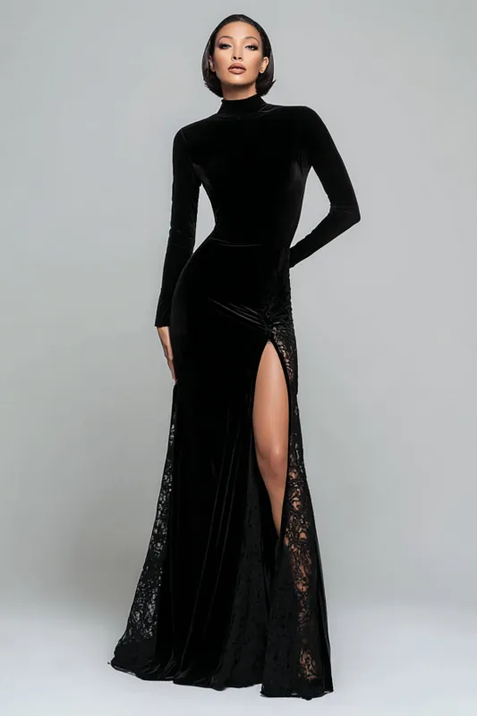 Black Velvet High Neck Mermaid Long Formal Dress with Lace sold by Zapaka