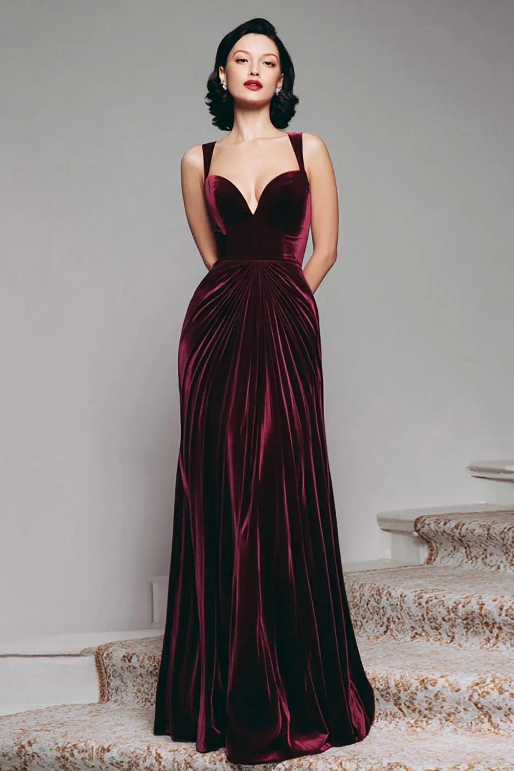Burgundy Sheath Velvet Long Formal Dress sold by Zapaka