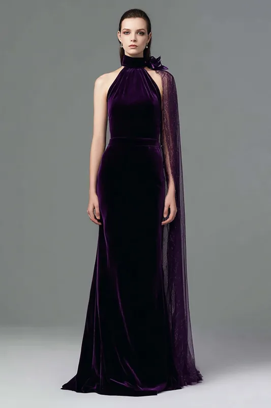 Plum Sheath Velvet Long Formal Dress with Sash sold by Zapaka