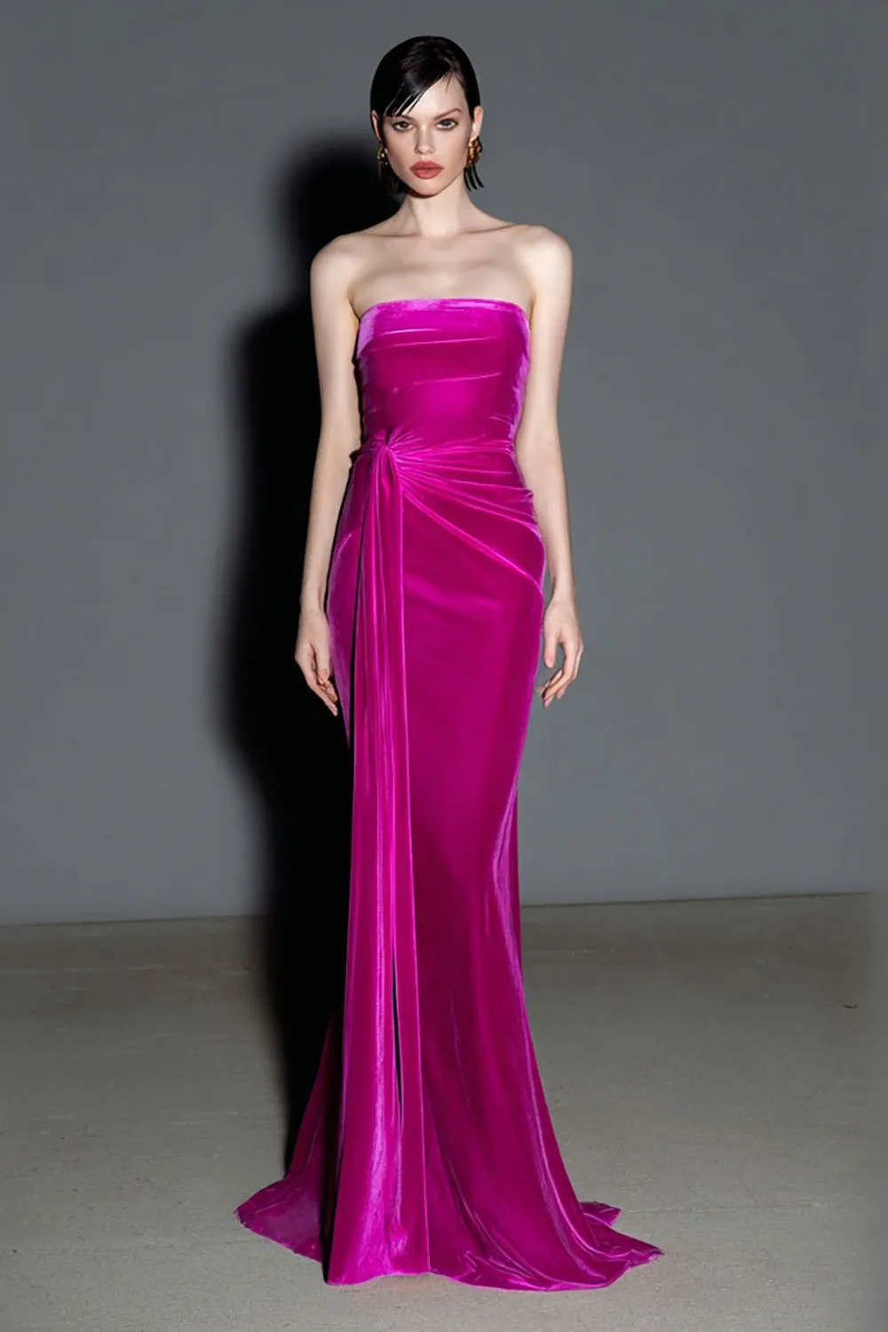Fuchsia Mermaid Velvet Strapless Formal Dress with Sash sold by Zapaka