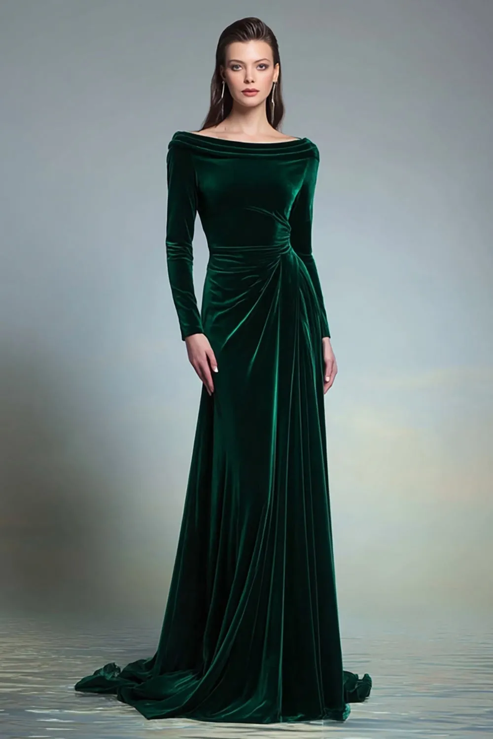 Dark Green Sheath Velvet Boat Neck Long Sleeve Formal Dress sold by Zapaka