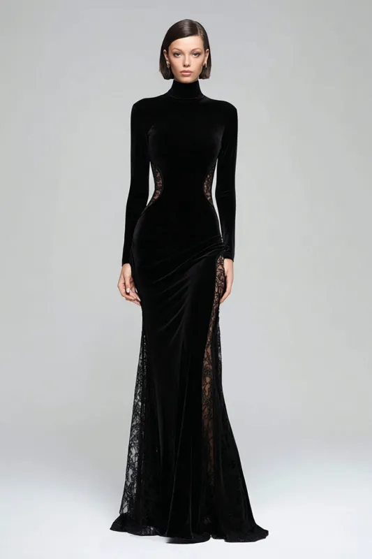 Black Mermaid High Neck Velvet Long Formal Dress with Lace sold by Zapaka