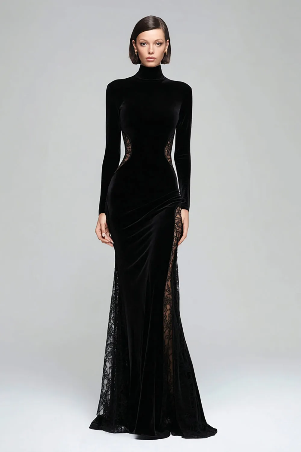 Black Mermaid High Neck Velvet Long Formal Dress with Lace sold by Zapaka
