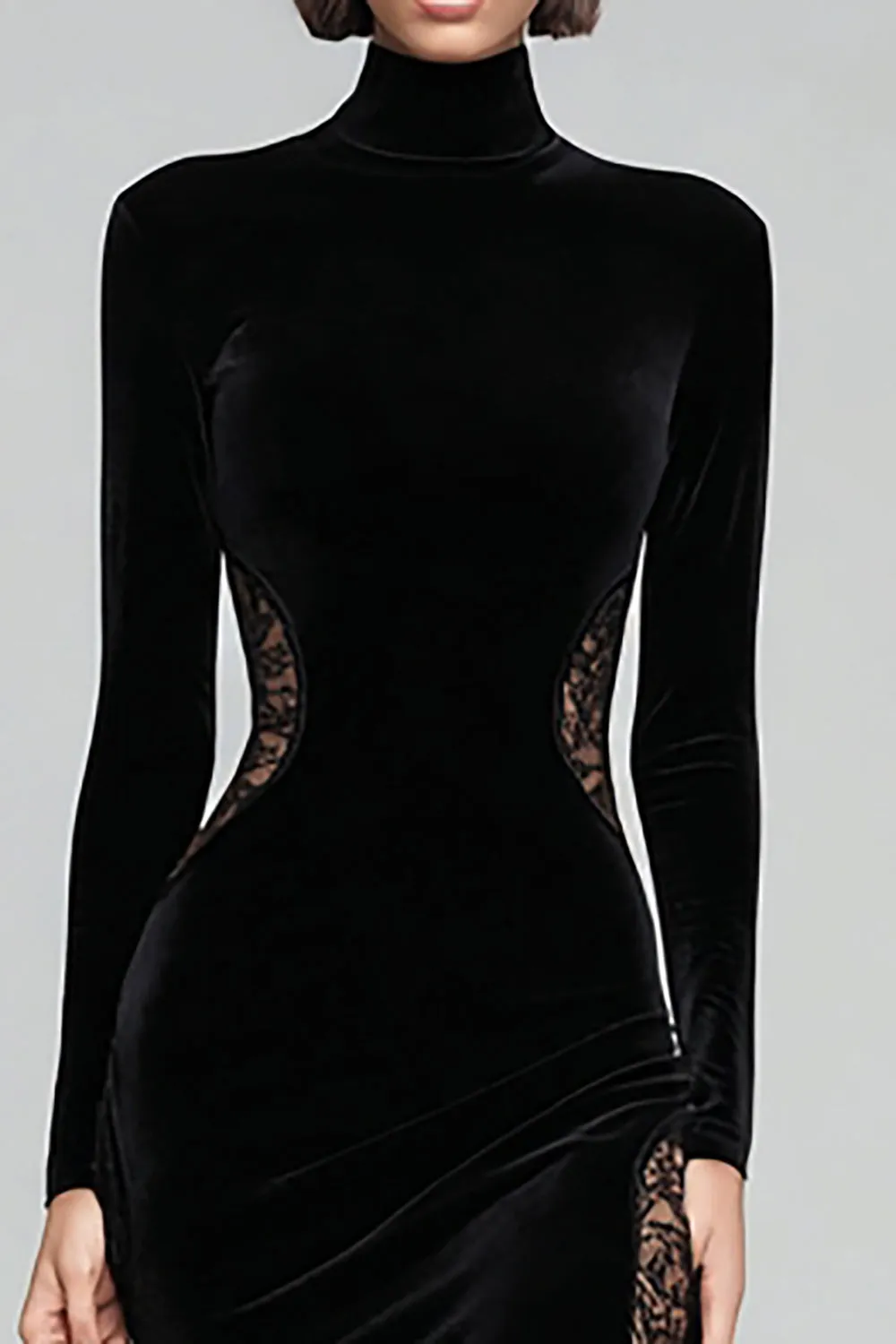 Black Mermaid High Neck Velvet Long Formal Dress with Lace sold by Zapaka product image thumbnail 2