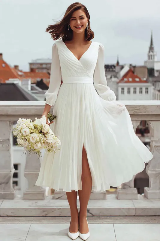 Ivory V Neck A Line Registry Office Wedding Dress with Slit sold by Zapaka