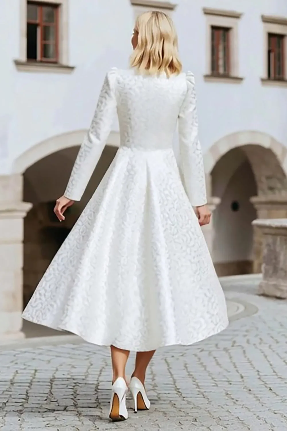 Ivory Round Neck Jacquard A Line Courthouse Wedding Dress sold by Zapaka product image thumbnail 2