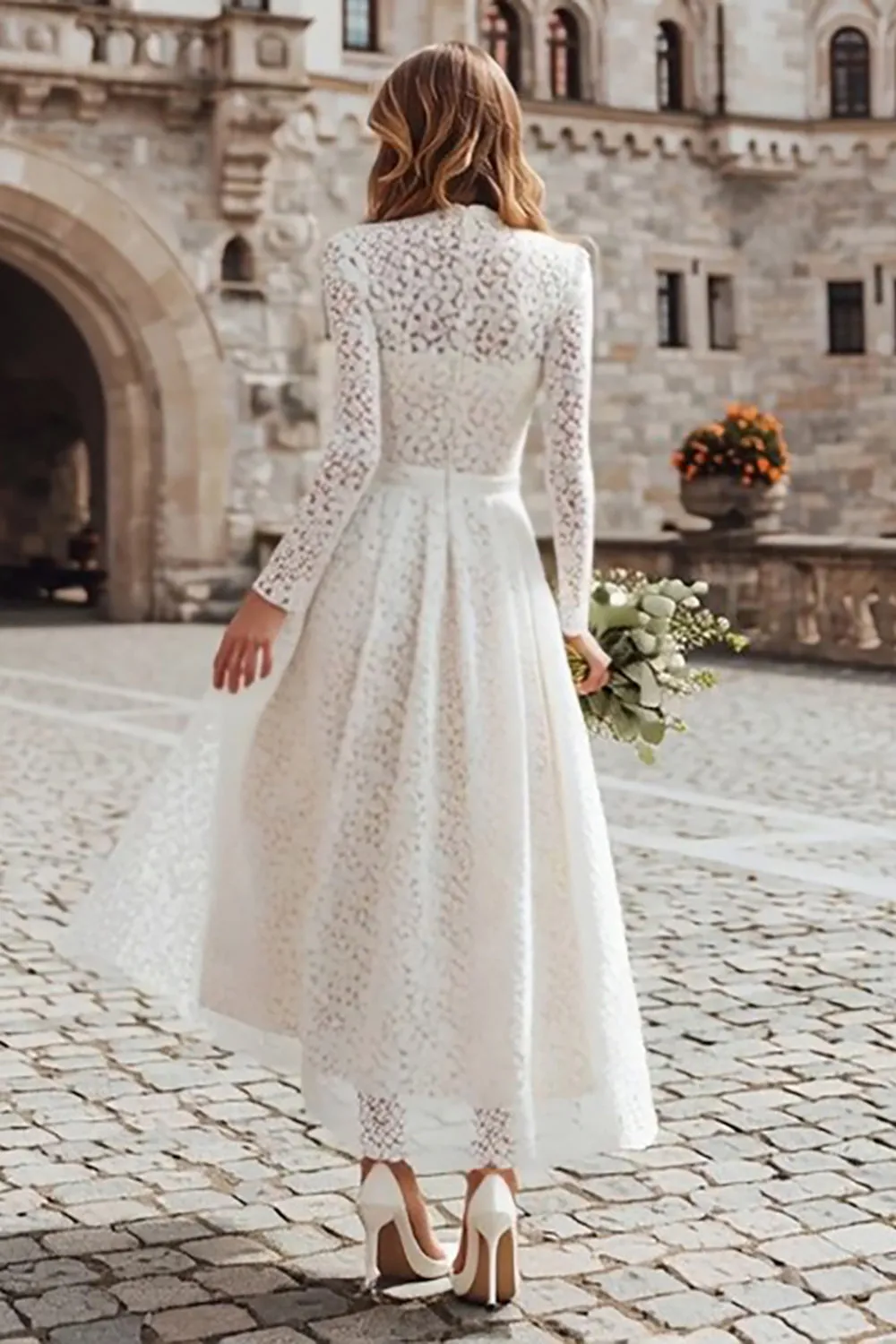 Ivory Lace A Line High Neck Rehearsal Dinner Dress sold by Zapaka product image thumbnail 2