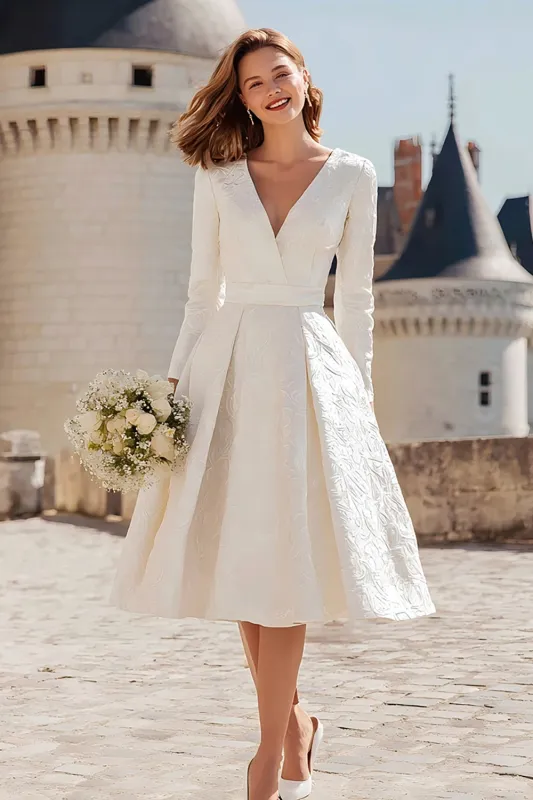 Ivory A Line V Neck Midi Registry Office Wedding Dress sold by Zapaka