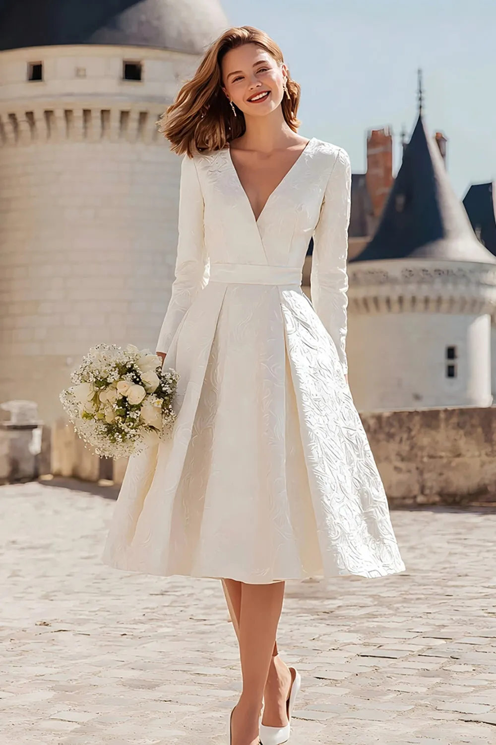 Ivory A Line V Neck Midi Registry Office Wedding Dress sold by Zapaka