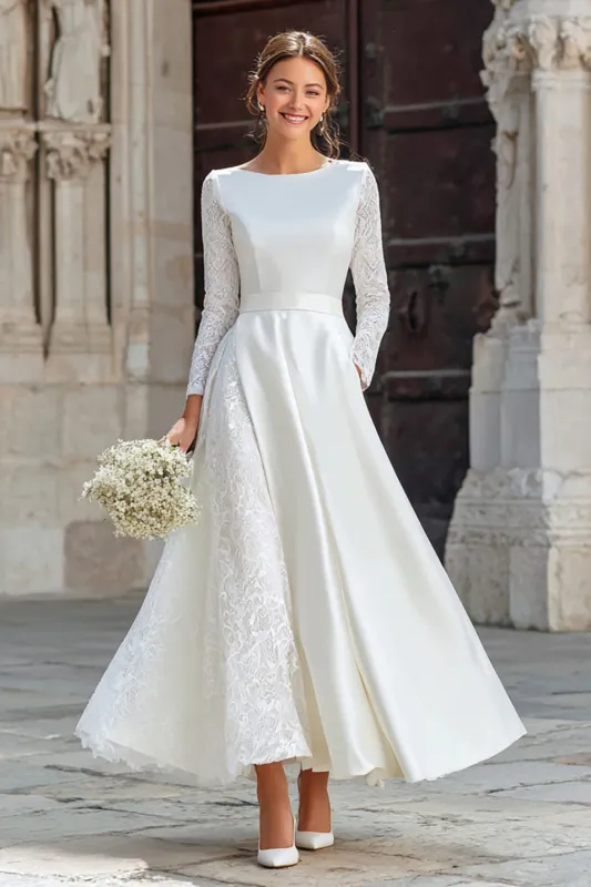 Ivory A Line Boat Neck Wedding Reception Dress with Lace sold by Zapaka