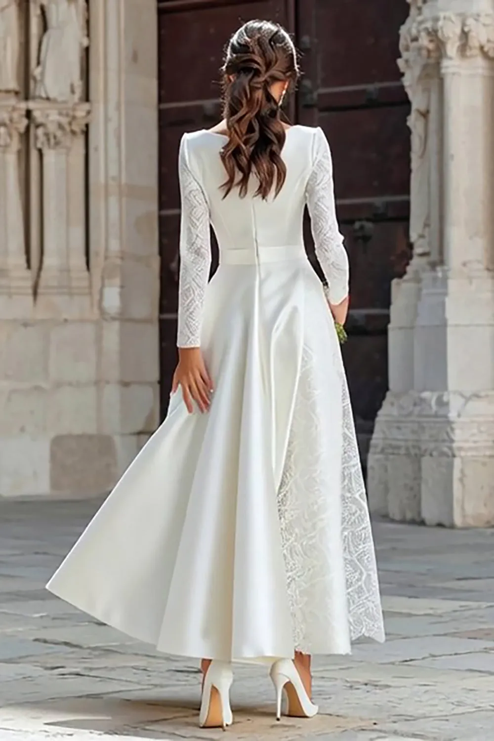 Ivory A Line Boat Neck Wedding Reception Dress with Lace sold by Zapaka product image thumbnail 2