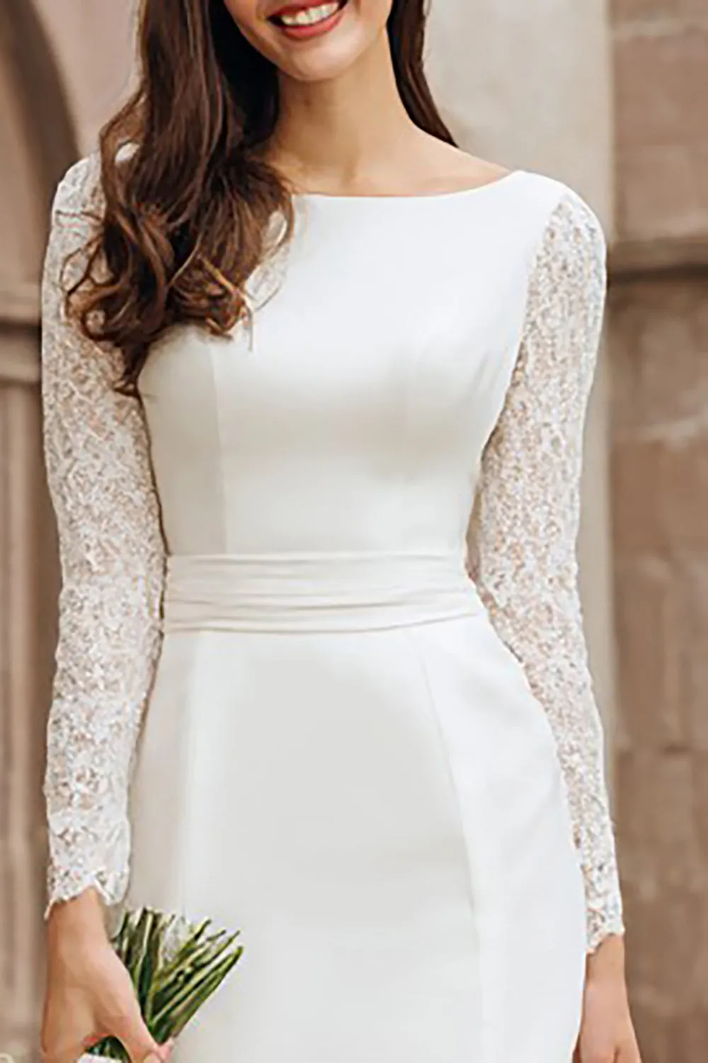 Ivory Bodycon Boat Neck Satin Courthouse Wedding Dress sold by Zapaka product image thumbnail 3