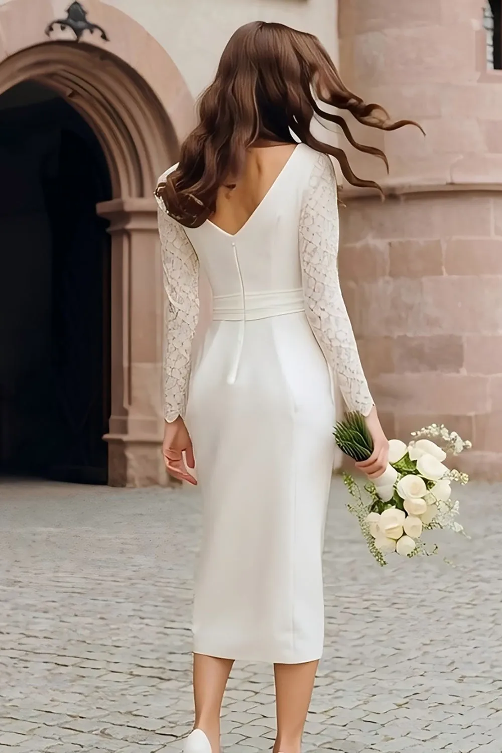 Ivory Bodycon Boat Neck Satin Courthouse Wedding Dress sold by Zapaka product image thumbnail 2