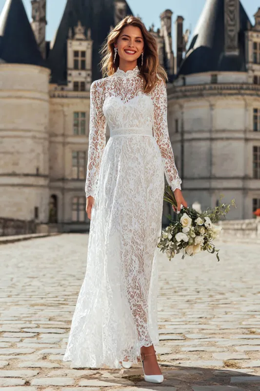 Ivory Sheath Lace Long High Neck Wedding Reception Dress sold by Zapaka