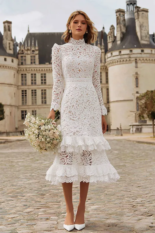 Ivory Mermaid Lace Tiered Ruffled Courthouse Wedding Dress sold by Zapaka