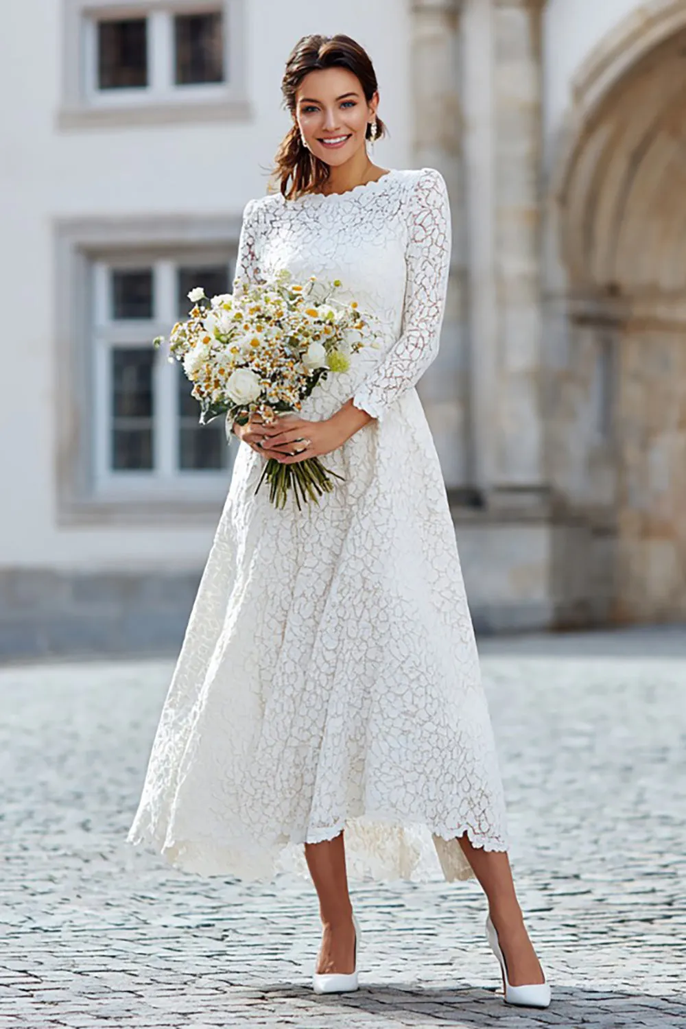 Ivory Lace A Line Long Wedding Reception Dress with Long Sleeves sold by Zapaka