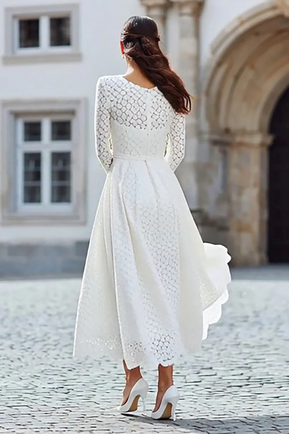 Ivory Lace A Line Long Wedding Reception Dress with Long Sleeves sold by Zapaka product image thumbnail 2