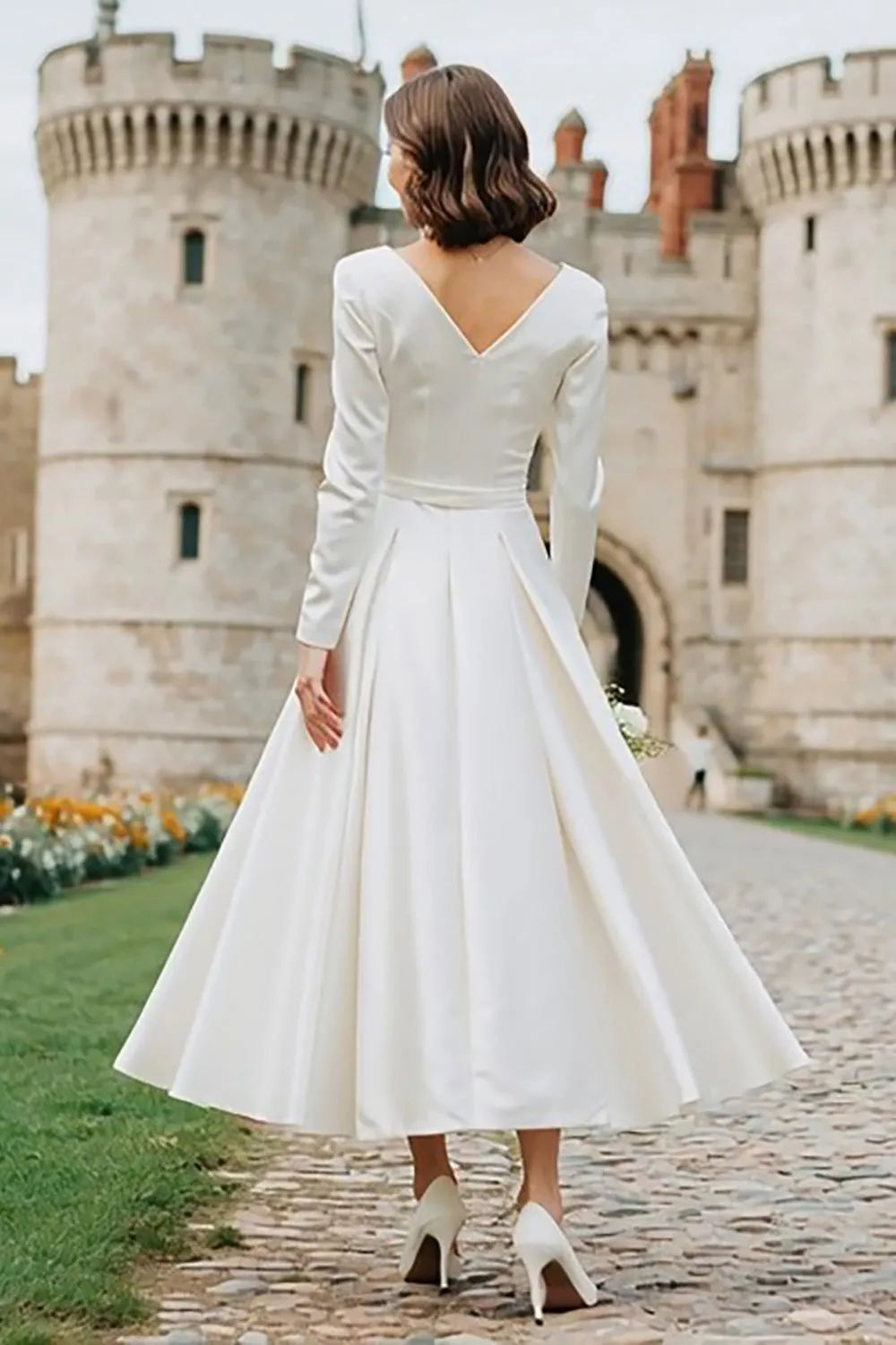 Ivory A Line Bateau Neck Long Engagement Dress with Long Sleeves sold by Zapaka product image thumbnail 2