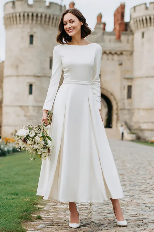 Ivory A Line Bateau Neck Long Engagement Dress with Long Sleeves sold by Zapaka