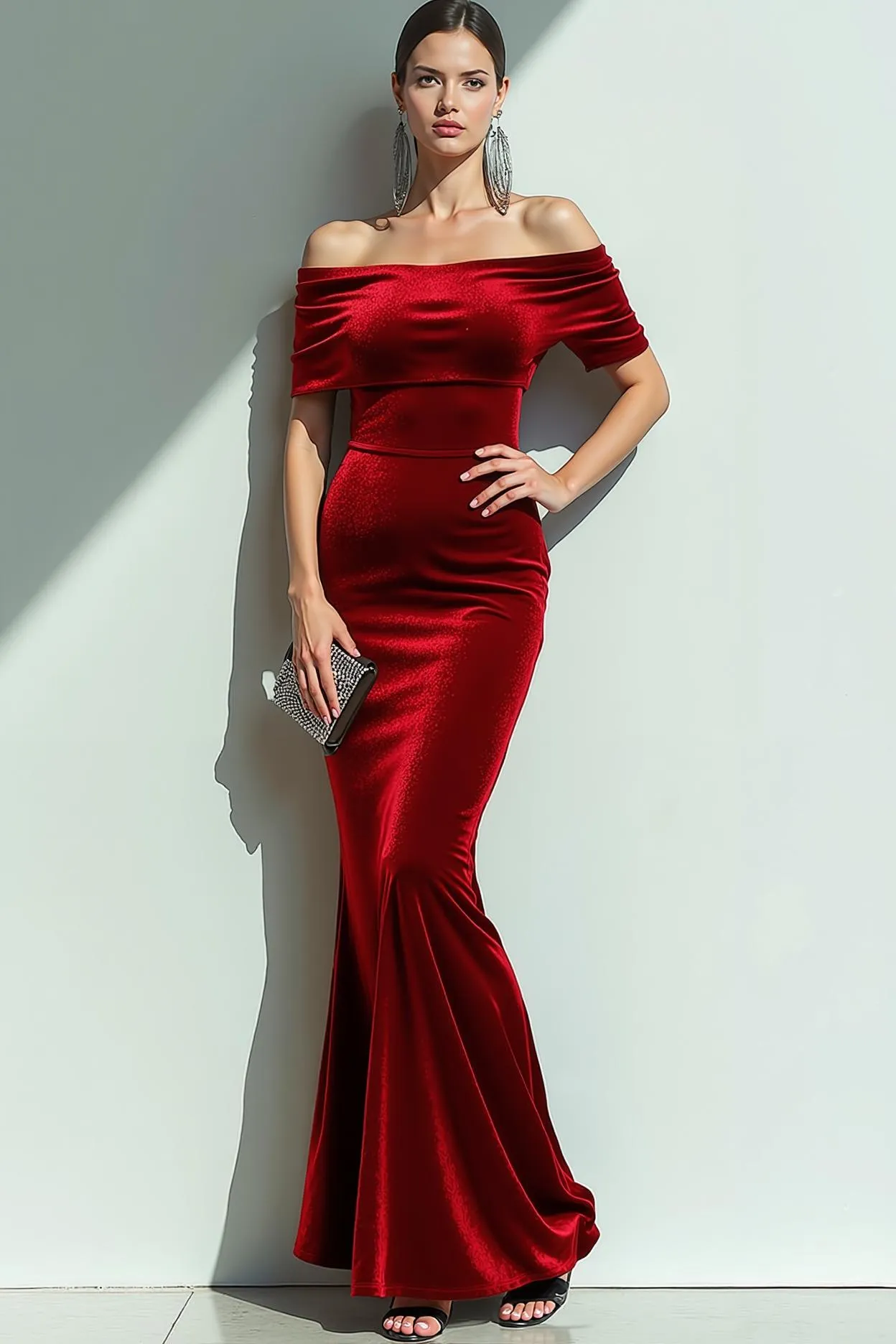 Navy Mermaid Velvet Off the Shoulder Maxi Evening Dress sold by Zapaka product image thumbnail 3