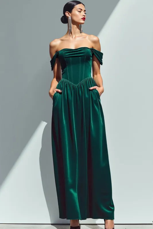 Dark Green A-Line Corset Velvet Maxi Holiday Party Dress with Pockets sold by Zapaka