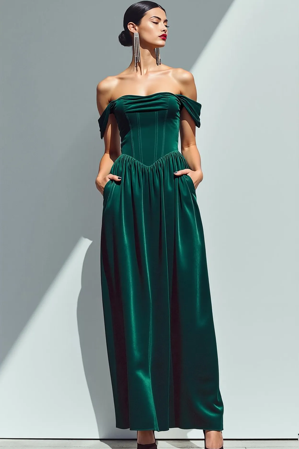 Dark Green A-Line Corset Velvet Maxi Holiday Party Dress with Pockets sold by Zapaka