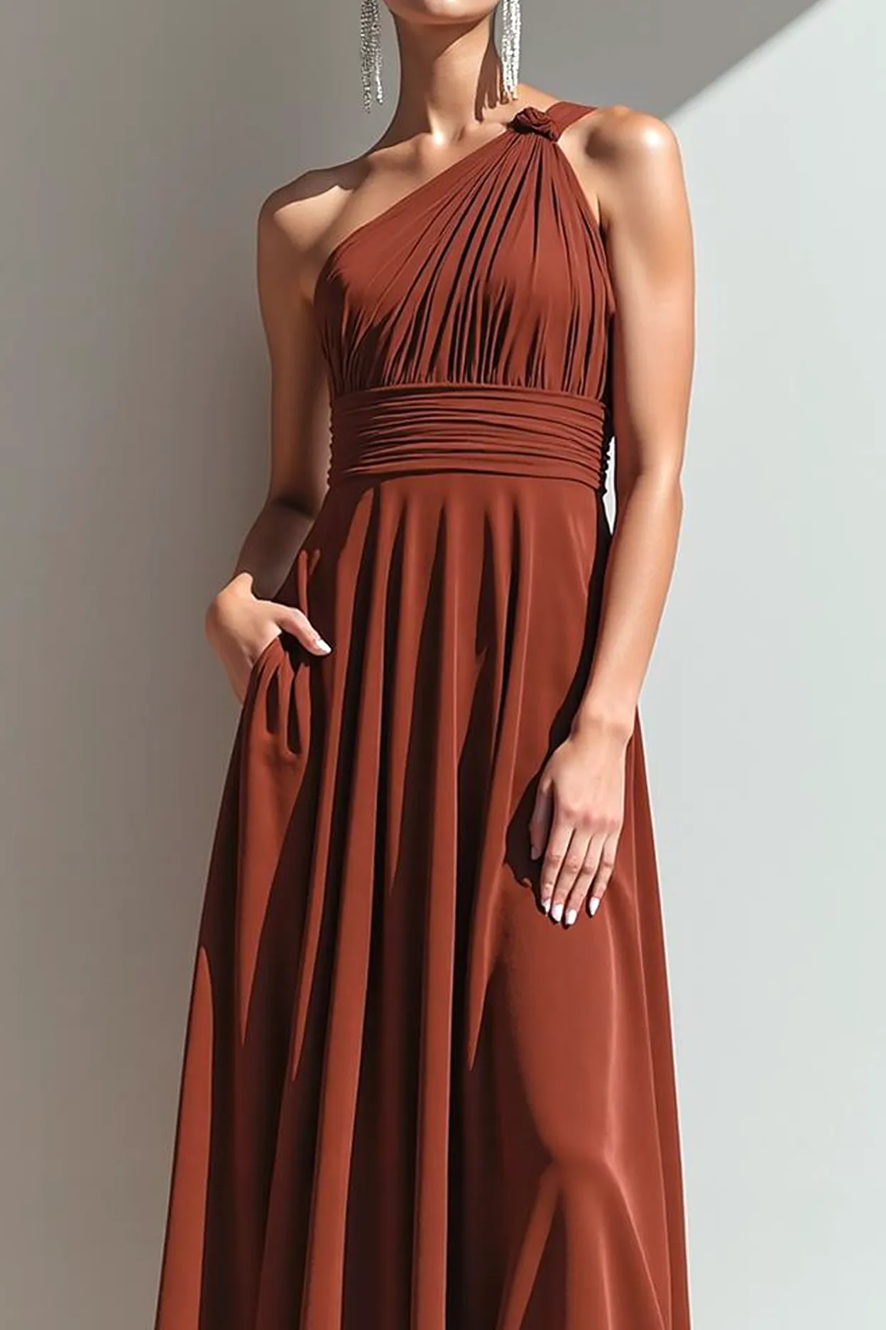 Terracotta One Shoulder A Line Maxi Evening Dress with Pocket sold by Zapaka product image thumbnail 2
