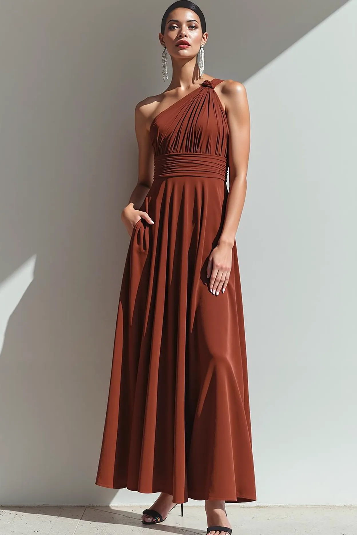 Terracotta One Shoulder A Line Maxi Evening Dress with Pocket sold by Zapaka
