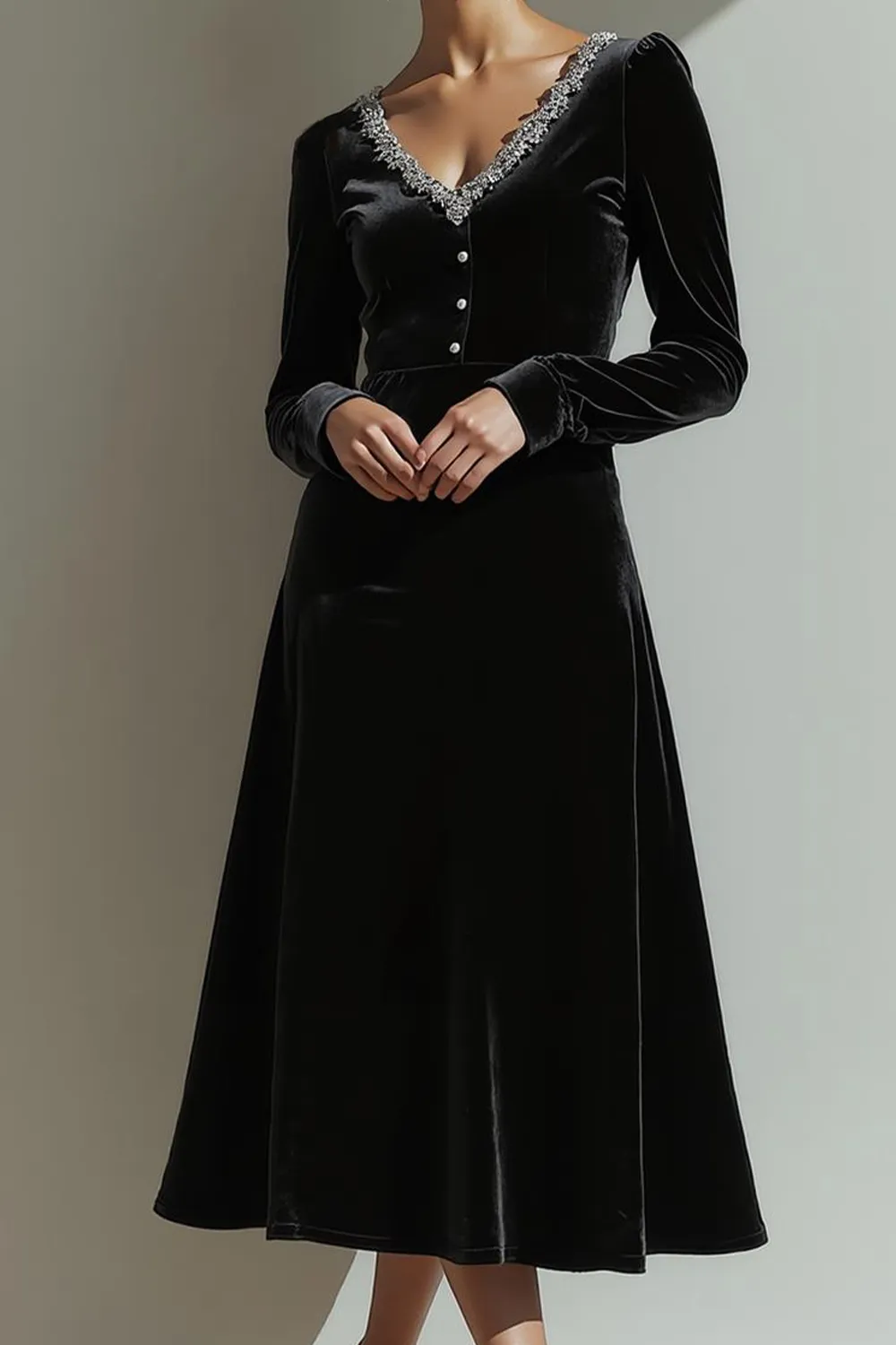 Black Velvet A Line V-Neck Maxi Holiday Party Dress with Long Sleeves sold by Zapaka product image thumbnail 2
