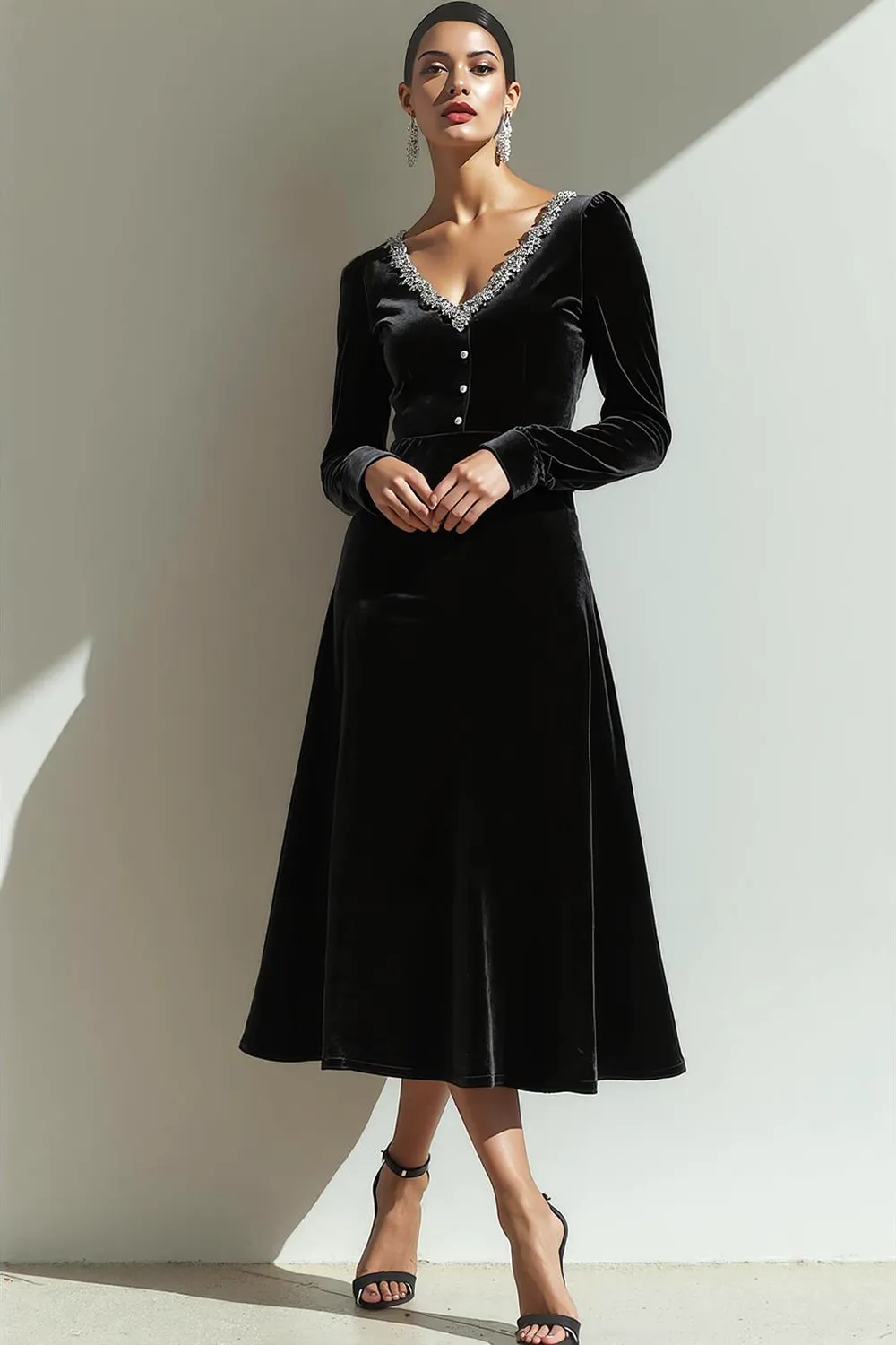 Black Velvet A Line V-Neck Maxi Holiday Party Dress with Long Sleeves sold by Zapaka