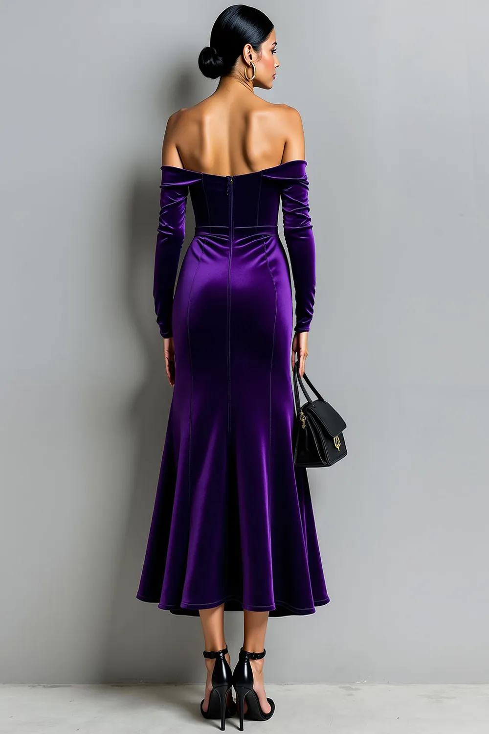 Dark Purple Mermaid Off the Shoulder Velvet Long Evening Dress sold by Zapaka product image thumbnail 2