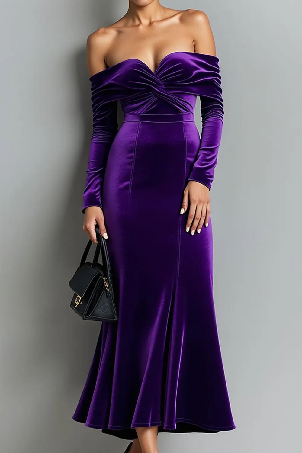 Dark Purple Mermaid Off the Shoulder Velvet Long Evening Dress sold by Zapaka product image thumbnail 3