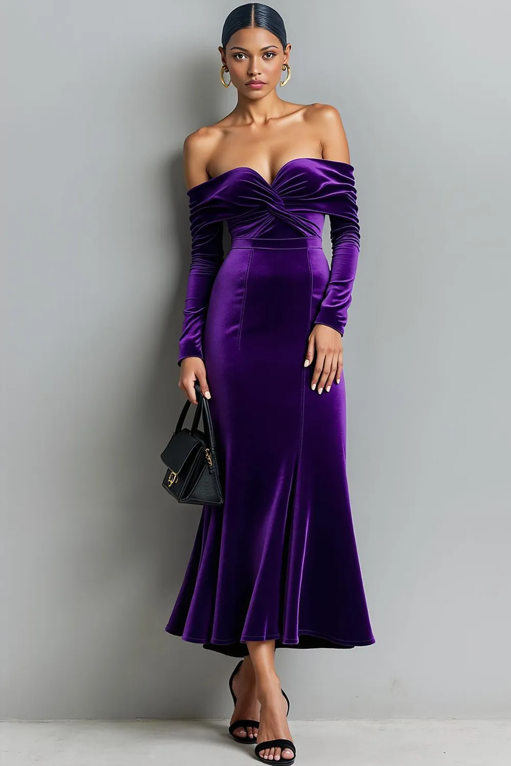 Dark Purple Mermaid Off the Shoulder Velvet Long Evening Dress sold by Zapaka