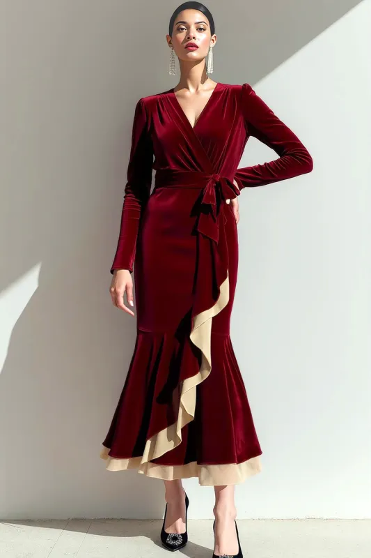 Cabernet Mermaid Ruffled Velvet Long Sleeve Holiday Party Dress sold by Zapaka